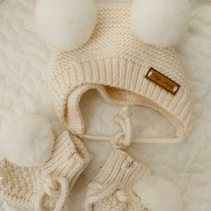 Baby knitted bonnet & booties WHITE pom poms